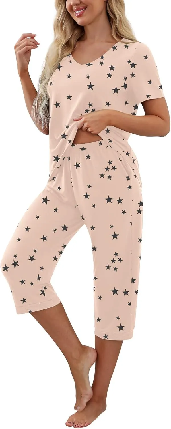 PrinStory Women's Pajama Set Short Sleeve Shirt and Capri Pants Sleepwear Pjs Sets with Pockets