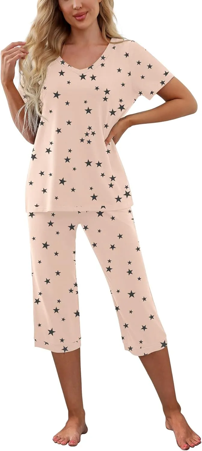 PrinStory Women's Pajama Set Short Sleeve Shirt and Capri Pants Sleepwear Pjs Sets with Pockets