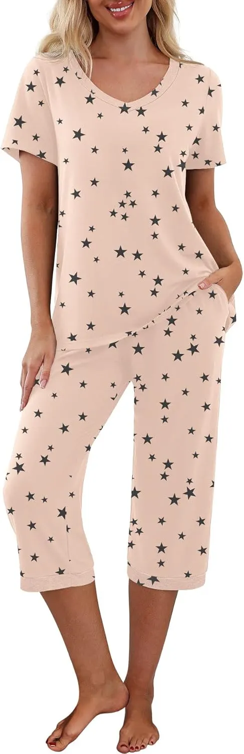 PrinStory Women's Pajama Set Short Sleeve Shirt and Capri Pants Sleepwear Pjs Sets with Pockets