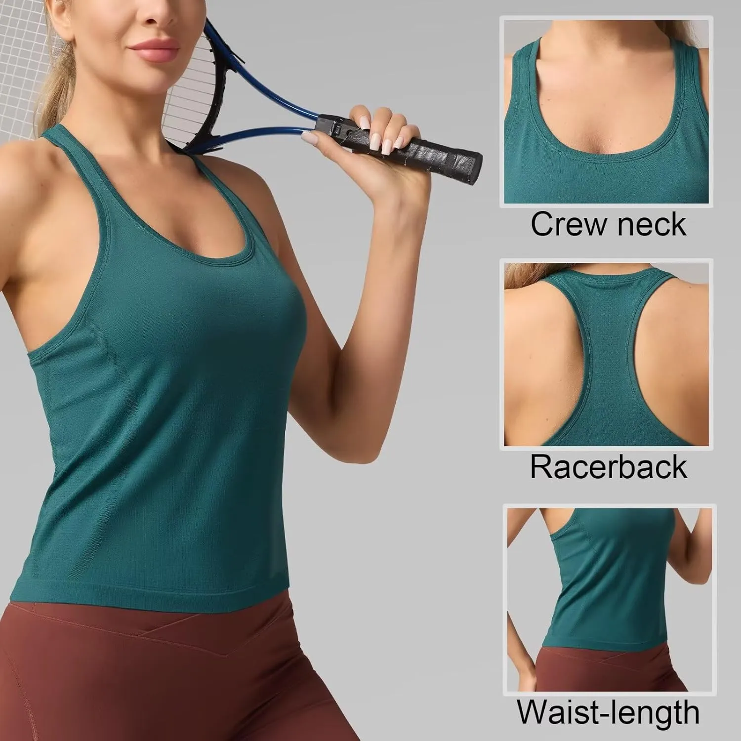 Racerback Workout Tank Tops for Women  Sleeveless Gym Yoga Shirts, Athletic Sports Camisole, Scoop Neck Seamless Activewear