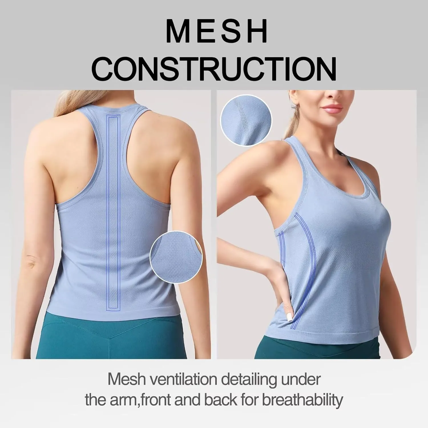 Racerback Workout Tank Tops for Women  Sleeveless Gym Yoga Shirts, Athletic Sports Camisole, Scoop Neck Seamless Activewear