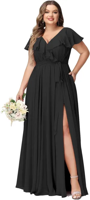 Raseal Women's Plus Size V Neck Bridesmaid Dresses with Pockets Ruffle Chiffon Slit Formal Evening Maxi Dress with Belt RS016