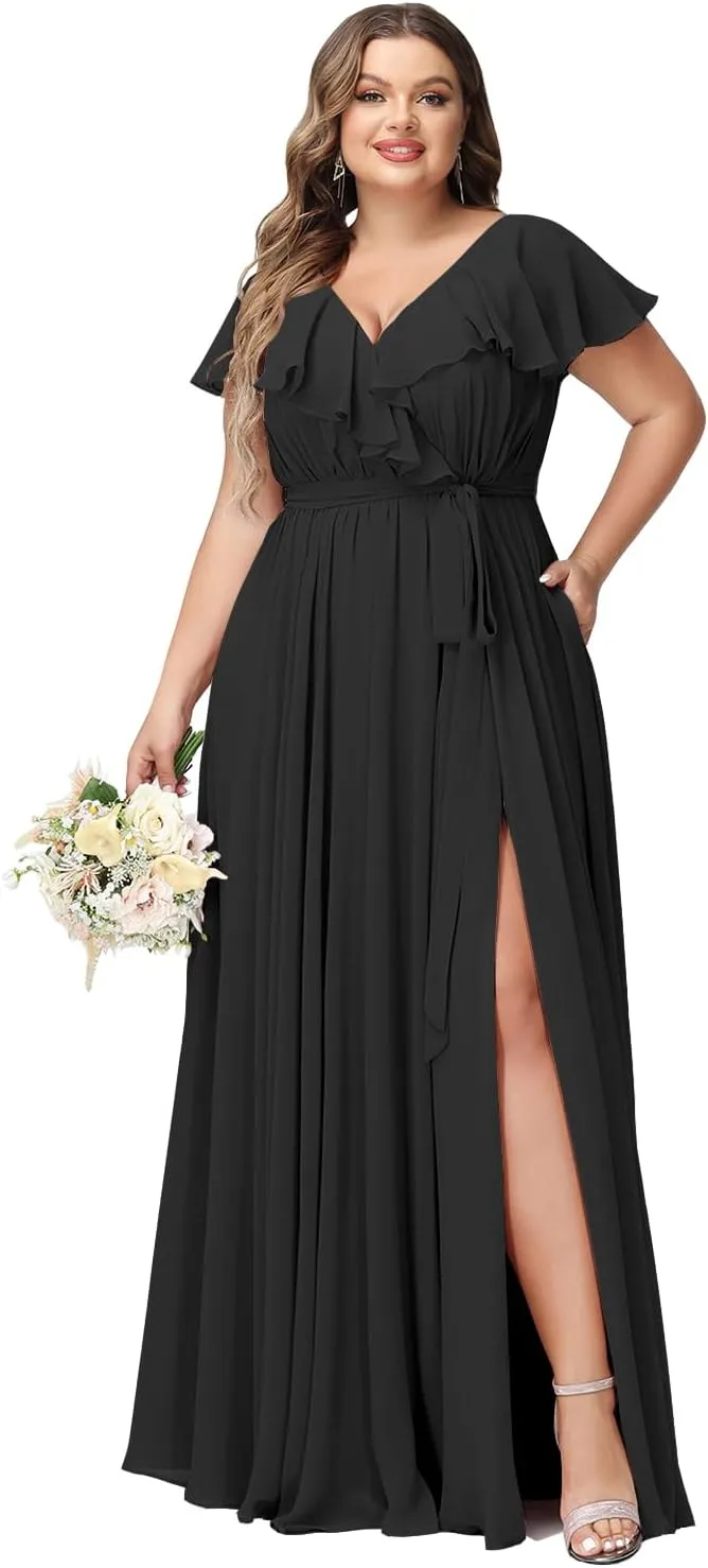 Raseal Women's Plus Size V Neck Bridesmaid Dresses with Pockets Ruffle Chiffon Slit Formal Evening Maxi Dress with Belt RS016