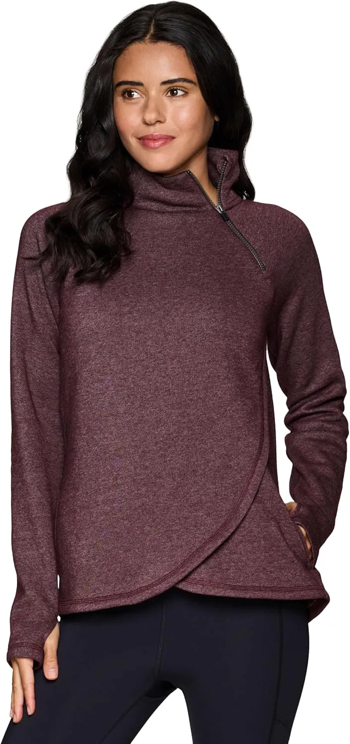 RBX Activewear Women's Fleece Sweatshirt Fashion Pullover With Pockets, Zip Mock Neck and Thumb Holes