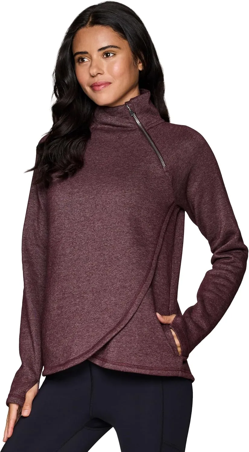 RBX Activewear Women's Fleece Sweatshirt Fashion Pullover With Pockets, Zip Mock Neck and Thumb Holes