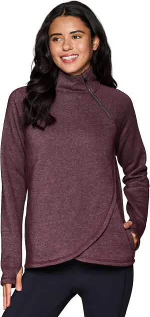 RBX Activewear Women's Fleece Sweatshirt Fashion Pullover With Pockets, Zip Mock Neck and Thumb Holes
