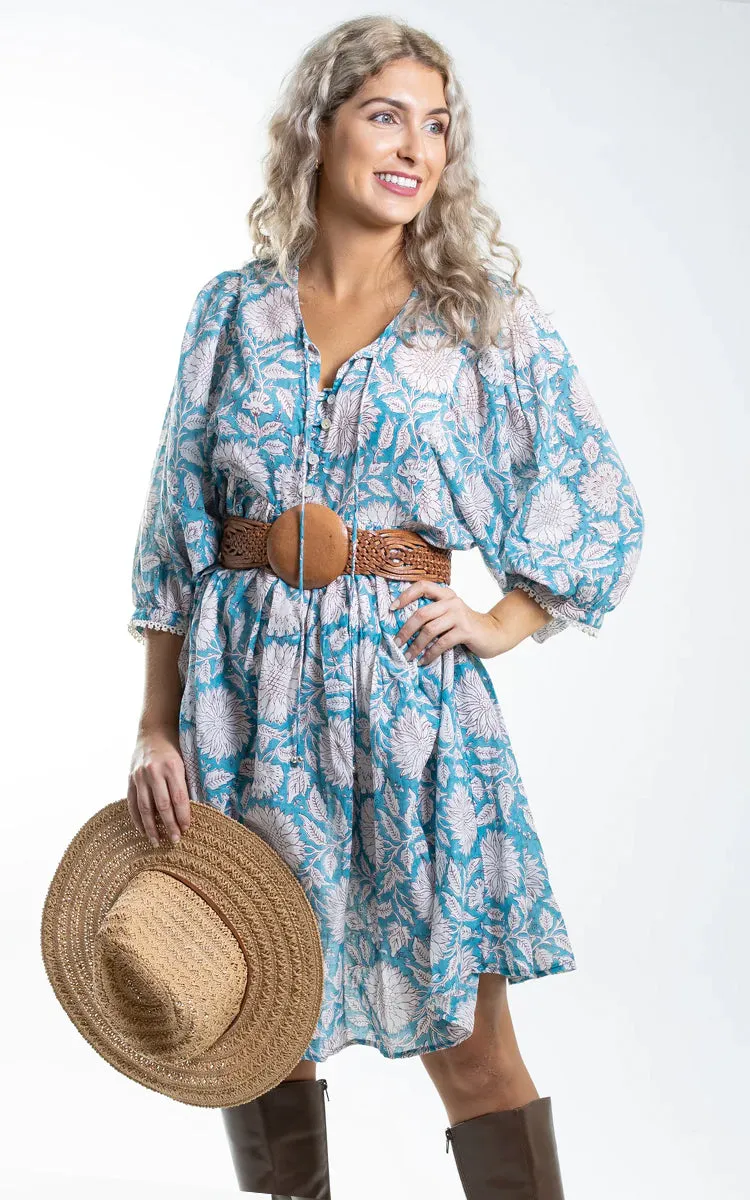 River Goddess 100% Cotton Short Dress Hawa Sky Sunflower