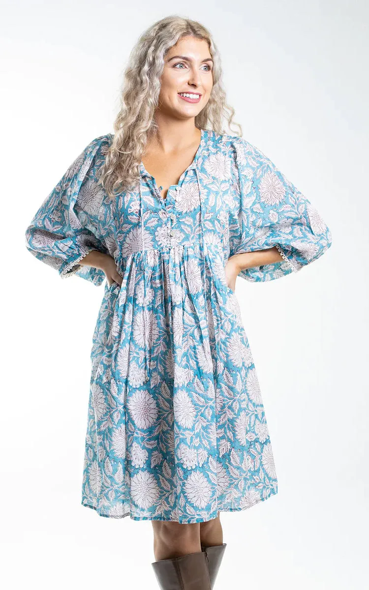 River Goddess 100% Cotton Short Dress Hawa Sky Sunflower