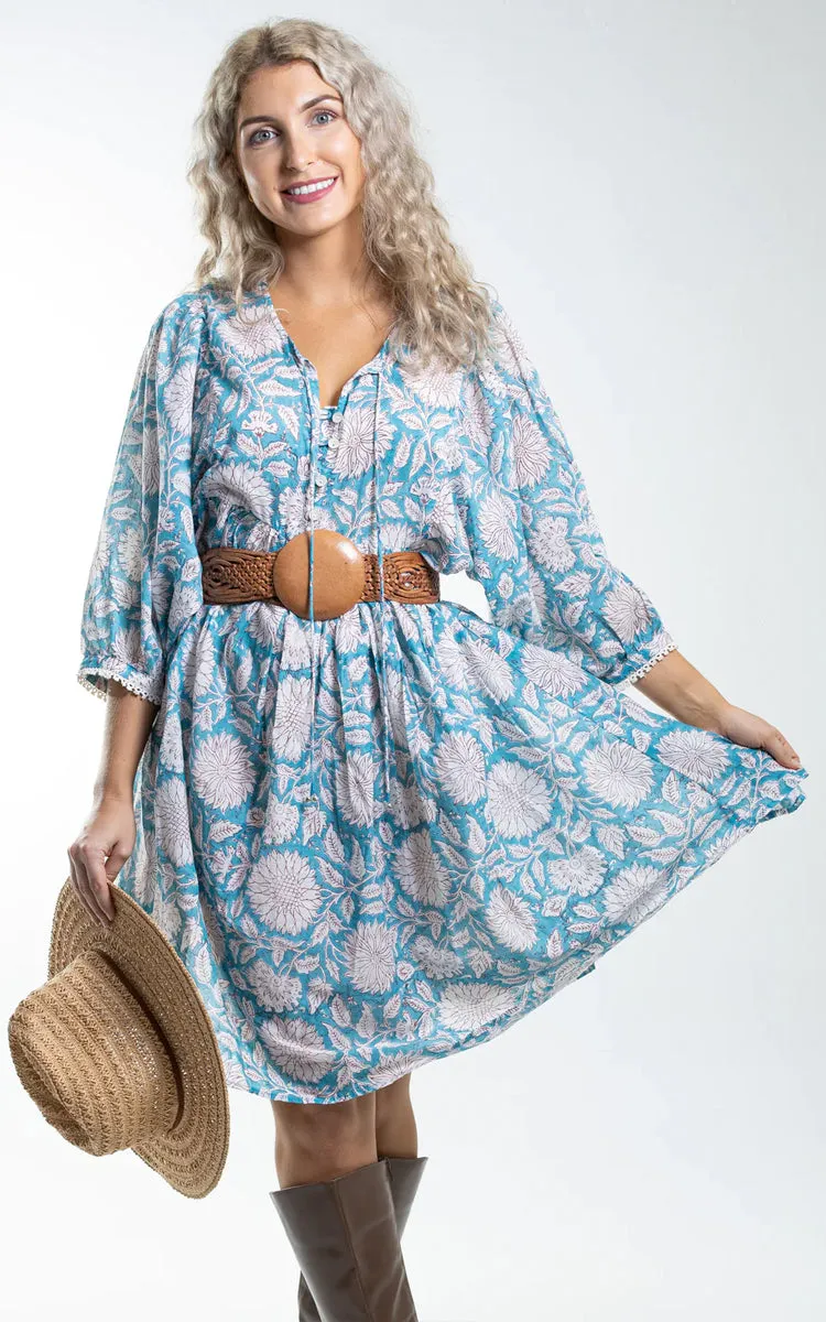 River Goddess 100% Cotton Short Dress Hawa Sky Sunflower