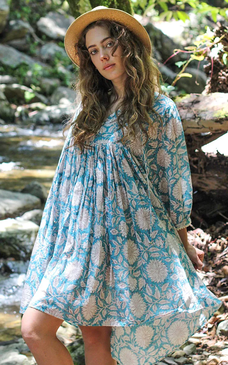 River Goddess 100% Cotton Short Dress Hawa Sky Sunflower
