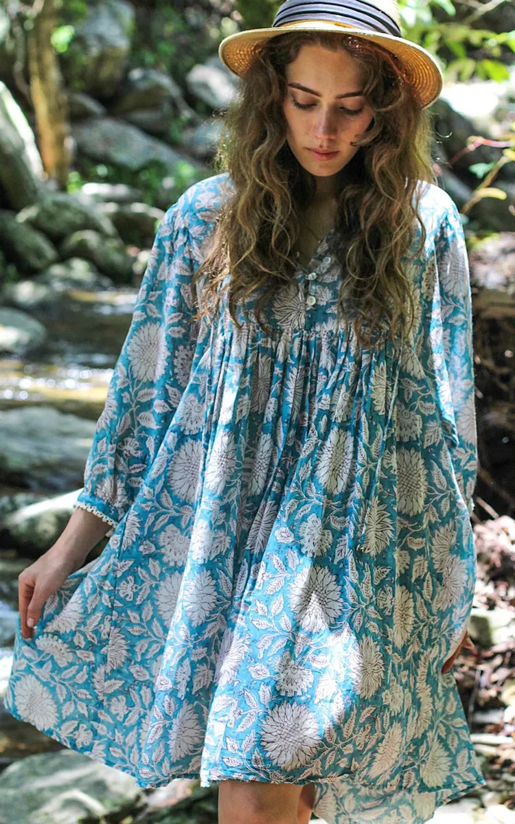 River Goddess 100% Cotton Short Dress Hawa Sky Sunflower