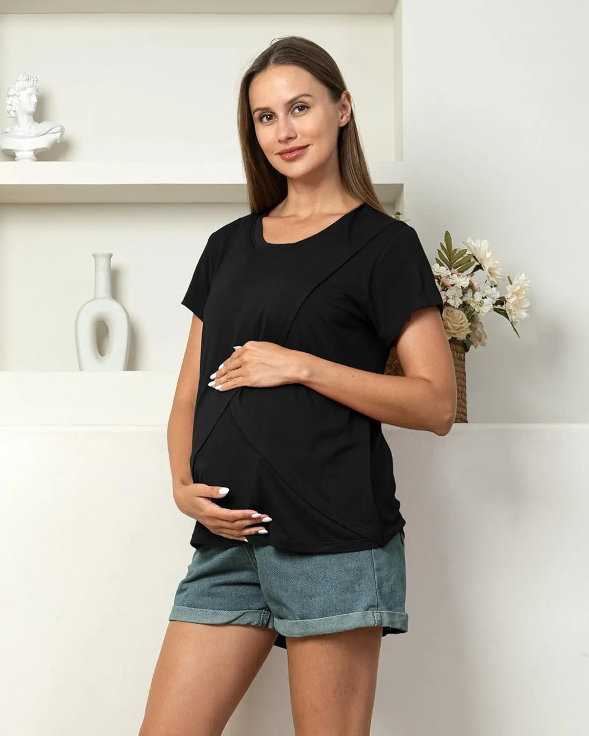 Rnxrbb 3 Pack Women's Nursing Tops for Breastfeeding Summer Short Sleeve T Shirts Postpartum Double Layer Clothes