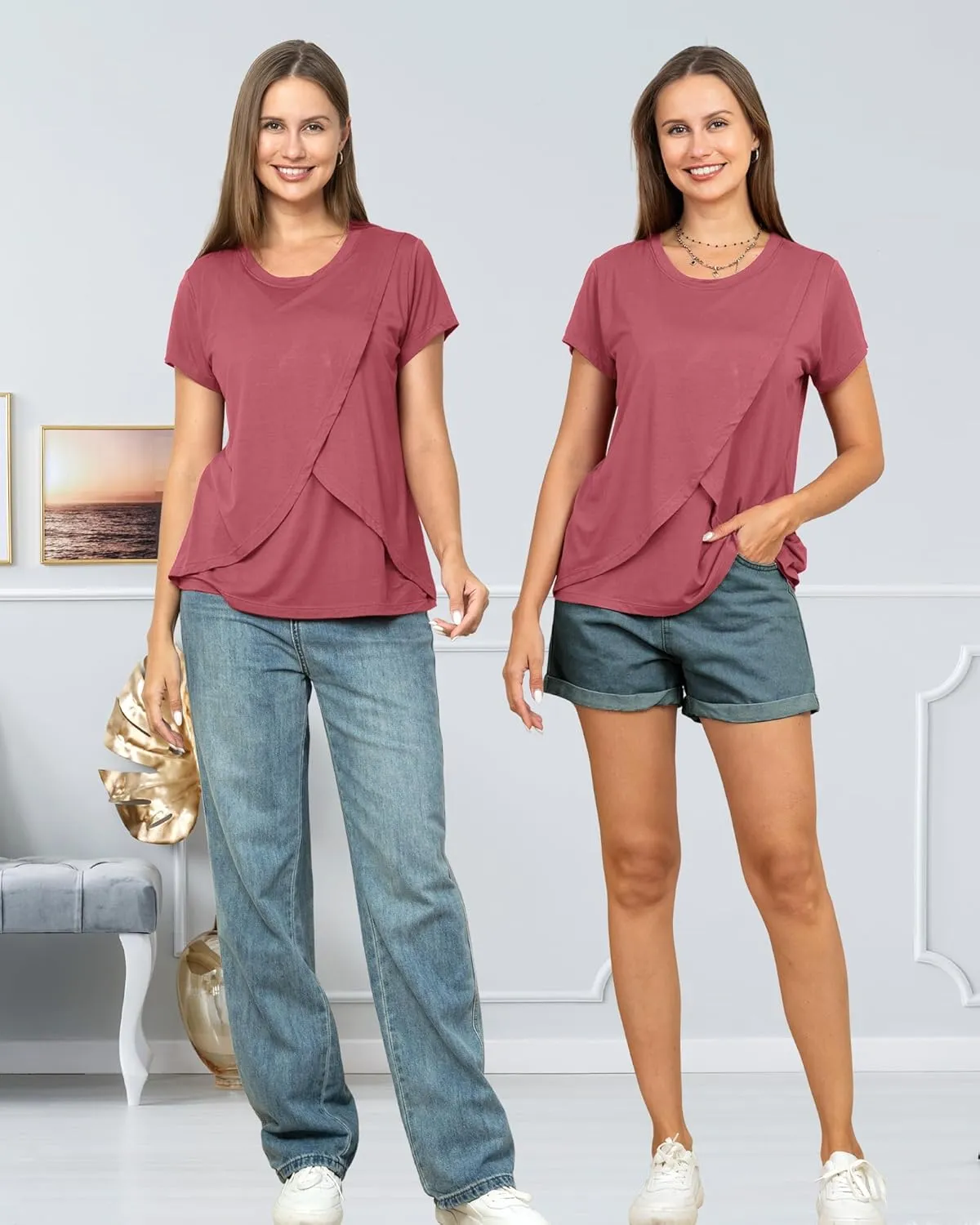 Rnxrbb 3 Pack Women's Nursing Tops for Breastfeeding Summer Short Sleeve T Shirts Postpartum Double Layer Clothes