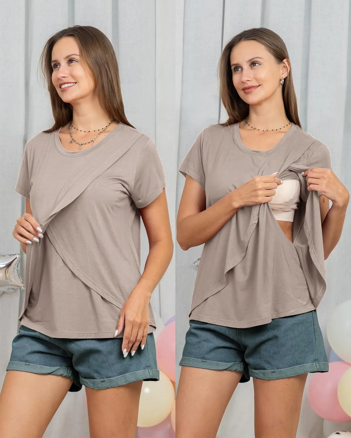 Rnxrbb 3 Pack Women's Nursing Tops for Breastfeeding Summer Short Sleeve T Shirts Postpartum Double Layer Clothes