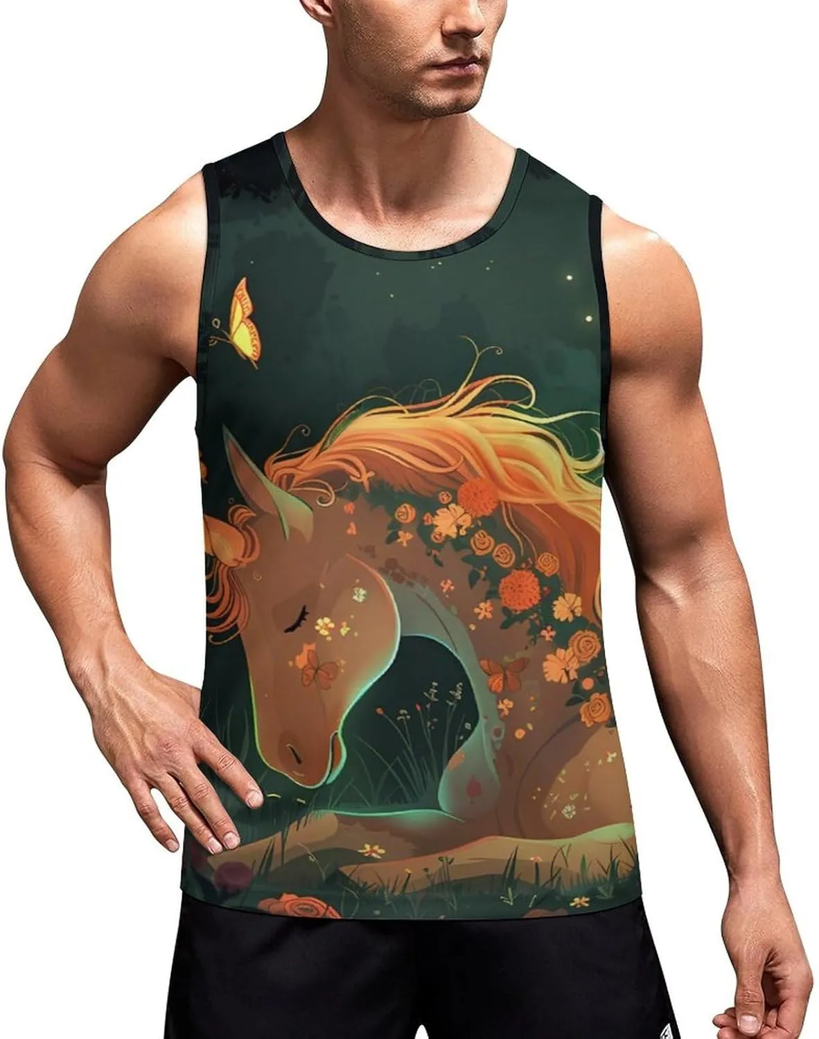 Rose Unic-orns Moon Night Mens Tank Top Undershirt Sleeveless Gym Vest Workout T-Shirts