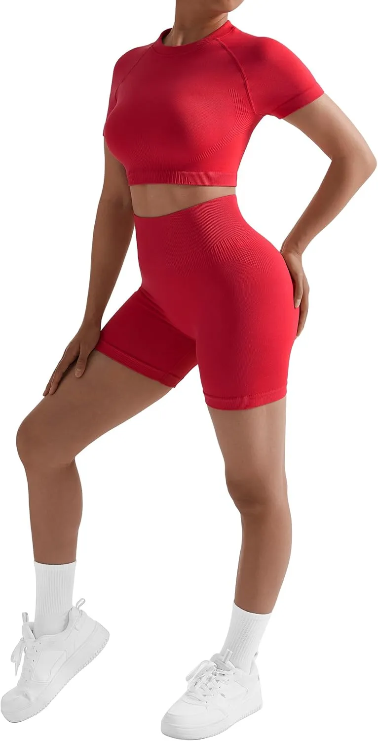 RXRXCOCO Hidden Scrunch Butt Workout Sets for Women 2 Piece Crop Tops Seamless Booty Shorts Matching Gym Yoga Outfits