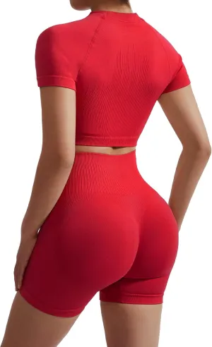 RXRXCOCO Hidden Scrunch Butt Workout Sets for Women 2 Piece Crop Tops Seamless Booty Shorts Matching Gym Yoga Outfits
