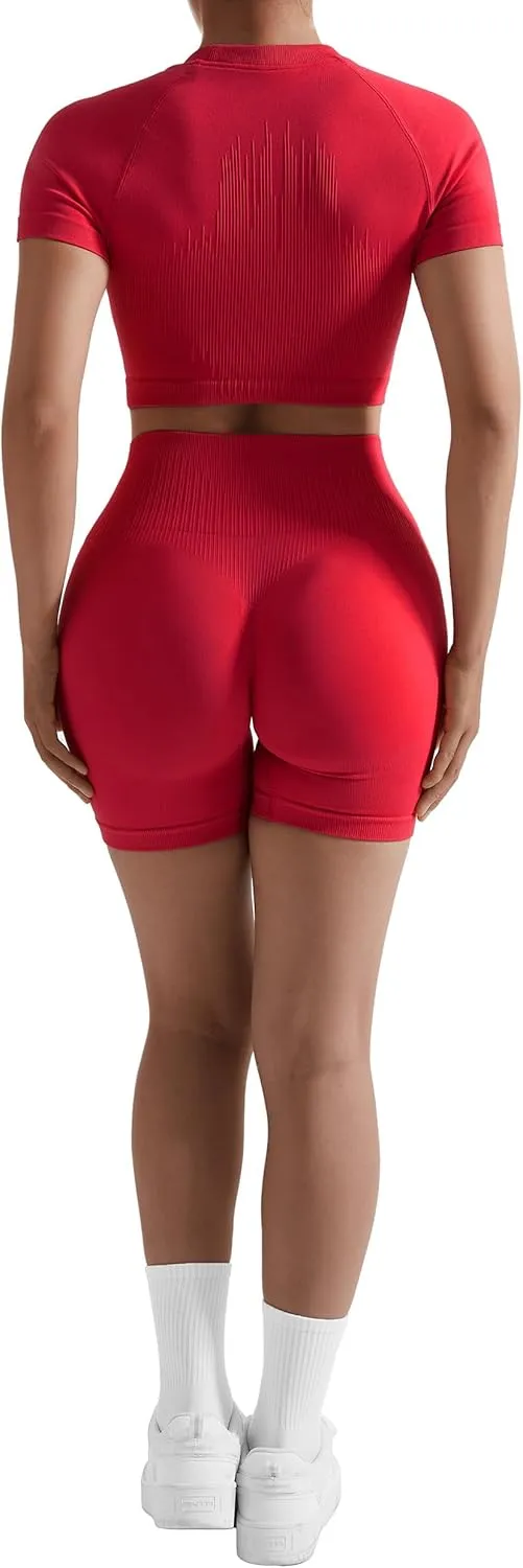 RXRXCOCO Hidden Scrunch Butt Workout Sets for Women 2 Piece Crop Tops Seamless Booty Shorts Matching Gym Yoga Outfits