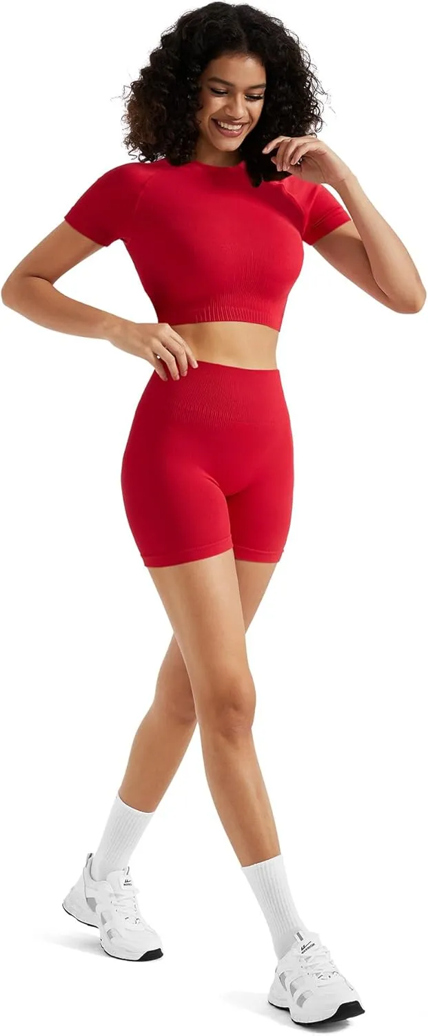 RXRXCOCO Hidden Scrunch Butt Workout Sets for Women 2 Piece Crop Tops Seamless Booty Shorts Matching Gym Yoga Outfits