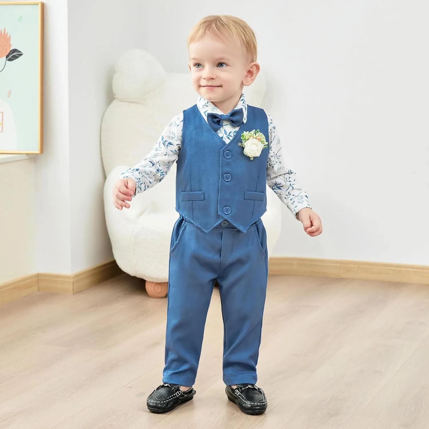 SANMIO Baby Boy Clothes Suits Infant Gentleman Outfit Collared Dress Shirt Vest Tie Corsage Pants 5Pcs Baby Suit Sets