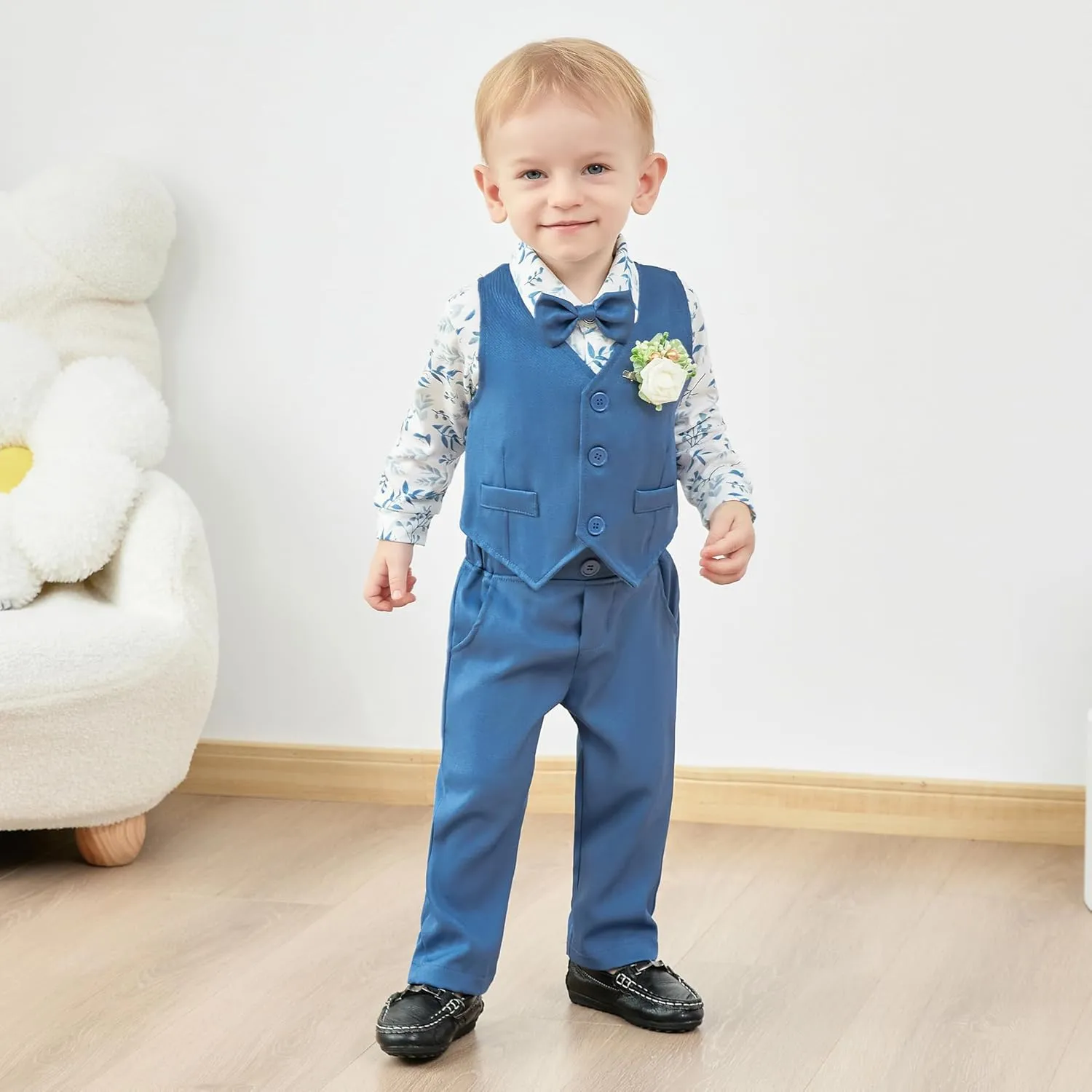 SANMIO Baby Boy Clothes Suits Infant Gentleman Outfit Collared Dress Shirt Vest Tie Corsage Pants 5Pcs Baby Suit Sets