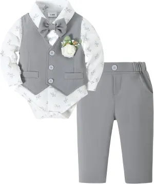 SANMIO Baby Boy Clothes Suits Infant Gentleman Outfit Collared Dress Shirt Vest Tie Corsage Pants 5Pcs Baby Suit Sets