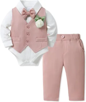 SANMIO Baby Boy Clothes Suits Infant Gentleman Outfit Collared Dress Shirt Vest Tie Corsage Pants 5Pcs Baby Suit Sets