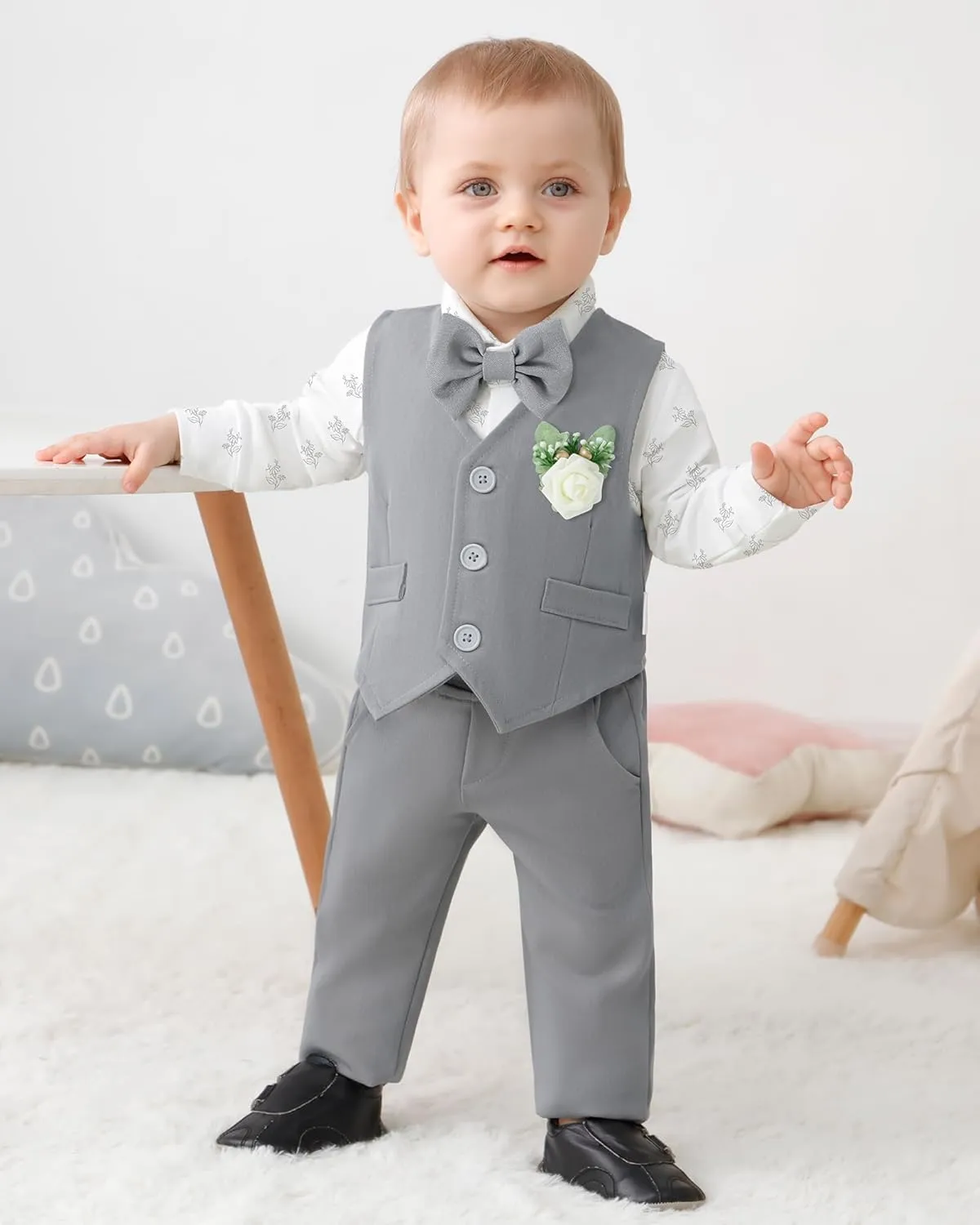 SANMIO Baby Boy Clothes Suits Infant Gentleman Outfit Collared Dress Shirt Vest Tie Corsage Pants 5Pcs Baby Suit Sets