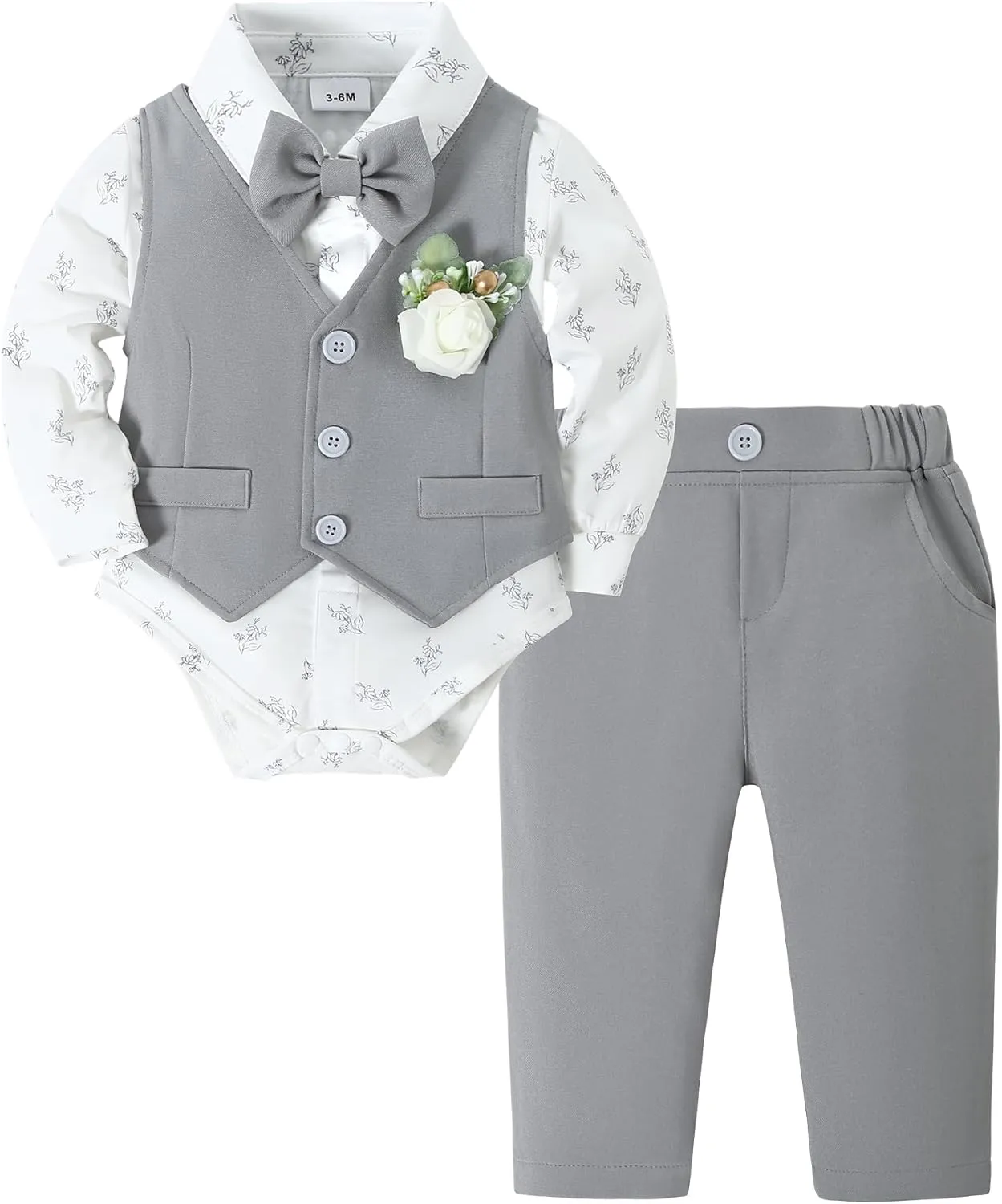 SANMIO Baby Boy Clothes Suits Infant Gentleman Outfit Collared Dress Shirt Vest Tie Corsage Pants 5Pcs Baby Suit Sets