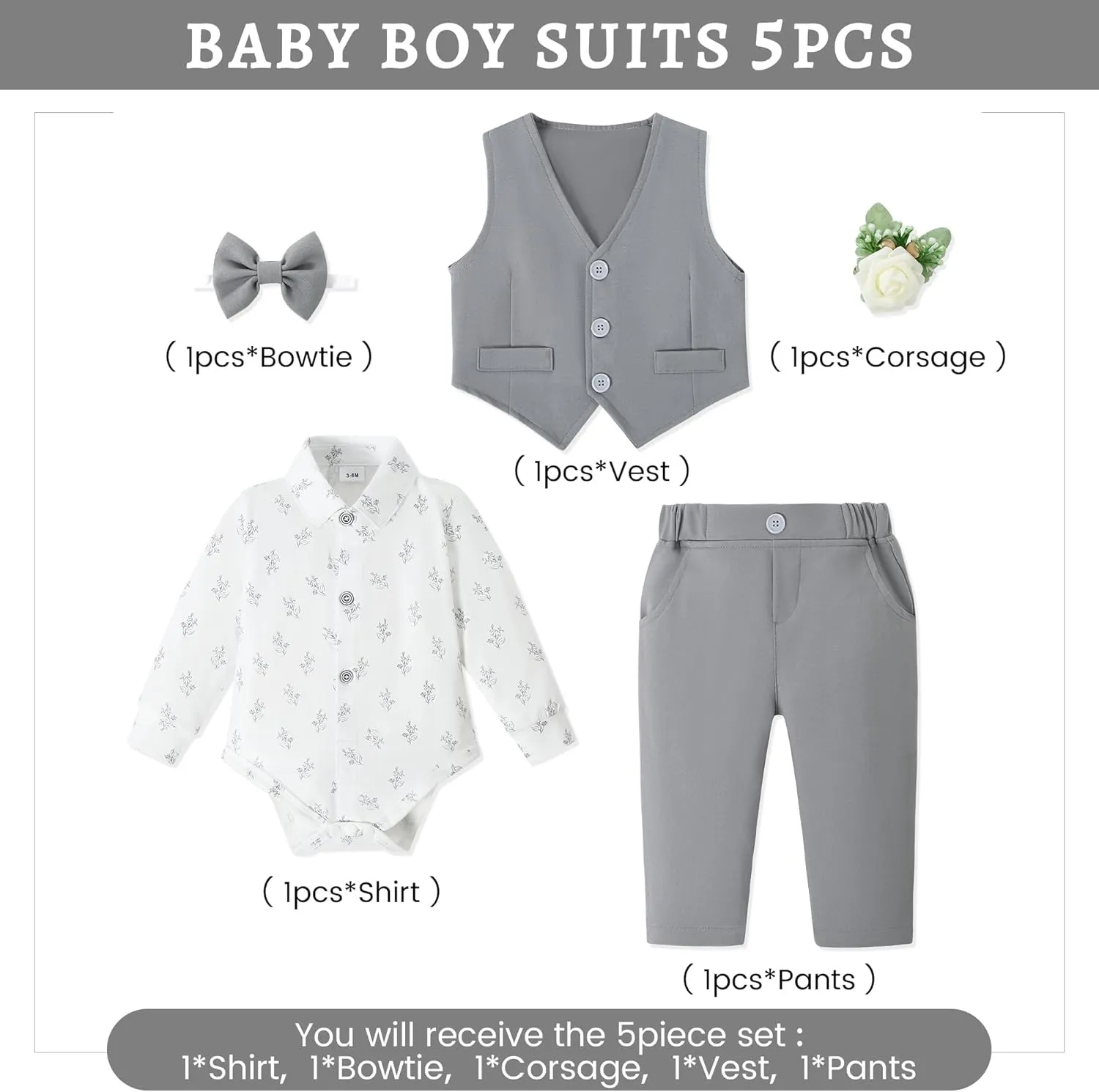 SANMIO Baby Boy Clothes Suits Infant Gentleman Outfit Collared Dress Shirt Vest Tie Corsage Pants 5Pcs Baby Suit Sets