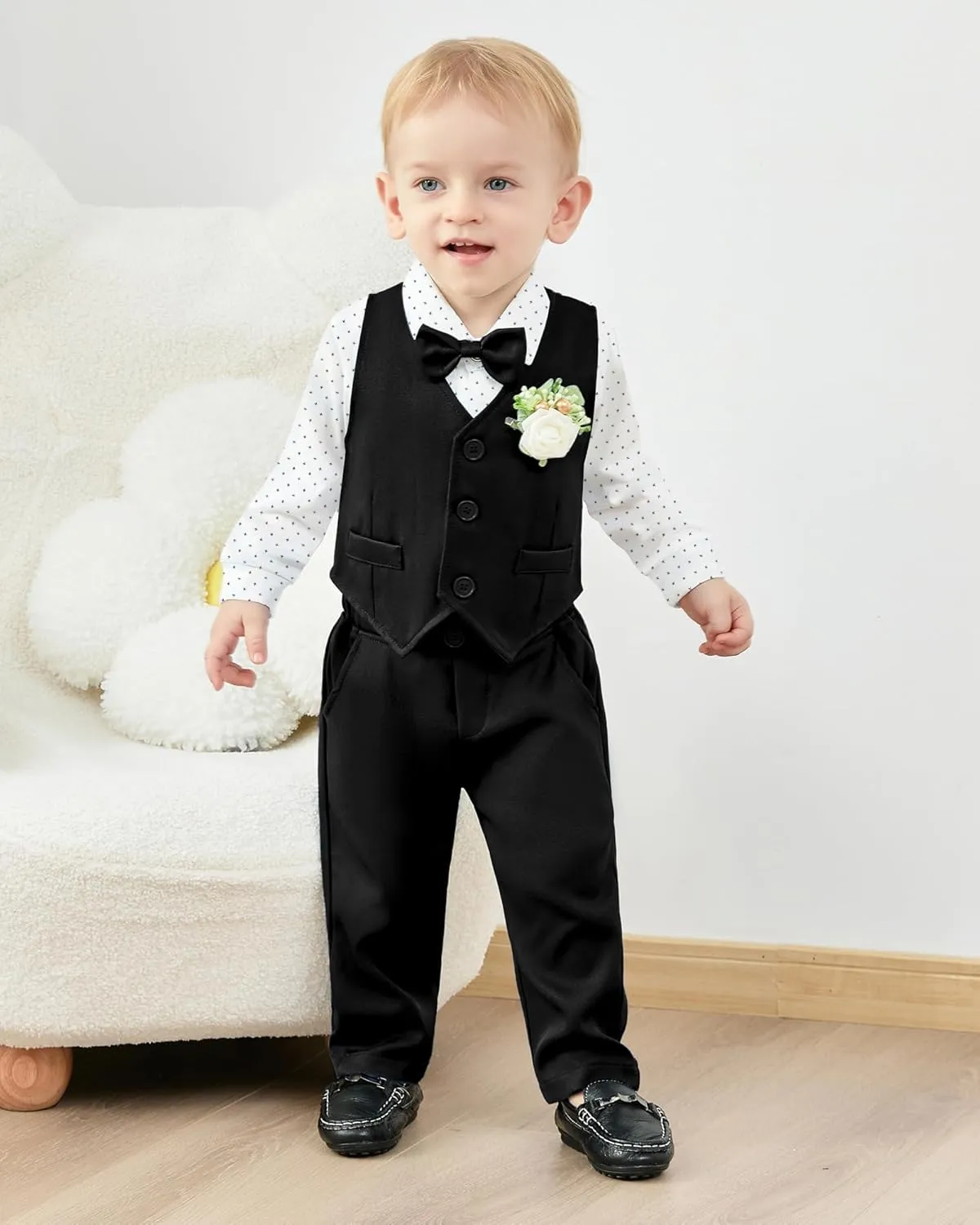 SANMIO Baby Boy Clothes Suits Infant Gentleman Outfit Collared Dress Shirt Vest Tie Corsage Pants 5Pcs Baby Suit Sets
