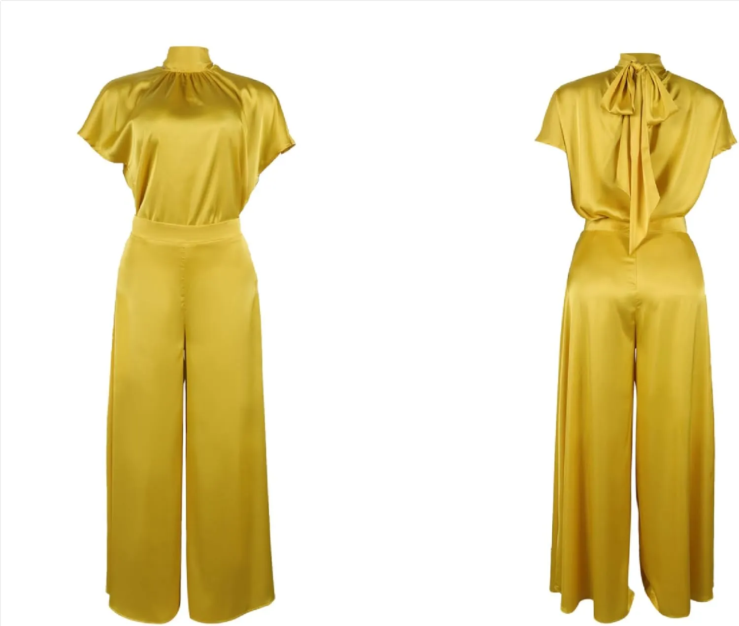 Seltaon Satin 2 Piece Outfits For Women Cap Sleeve Tops & Wide Leg Pants Sets Cocktail Party Streetwear Lounge Sets