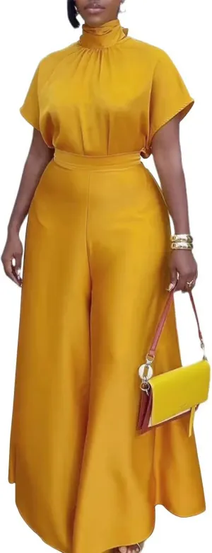 Seltaon Satin 2 Piece Outfits For Women Cap Sleeve Tops & Wide Leg Pants Sets Cocktail Party Streetwear Lounge Sets