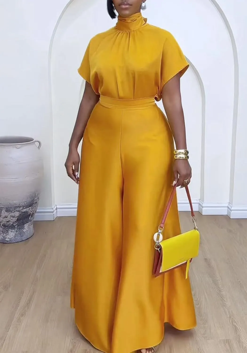 Seltaon Satin 2 Piece Outfits For Women Cap Sleeve Tops & Wide Leg Pants Sets Cocktail Party Streetwear Lounge Sets