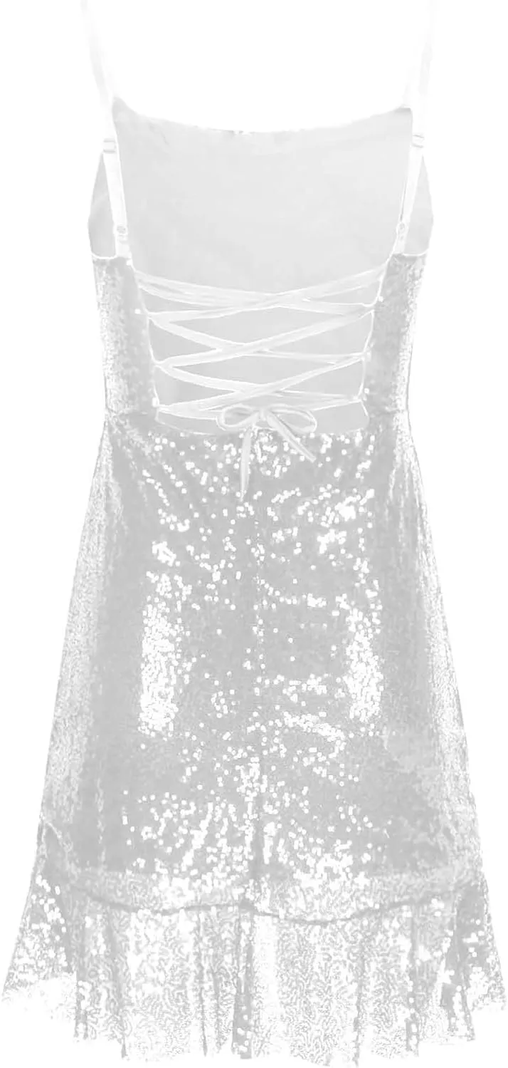 Sequin Dress for Women Sparkly Casual Solid Color Sequin Back Cross Tie Ruffle Edge Sleeveless Suspender Dress