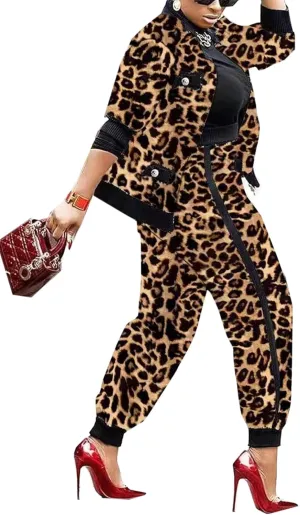 Sexyshine Women's Casual 2 Piece Outfits Printed Long Sleeve Zip Up Jacket Baggy Long Pants Workout Tracksuit Set Suits