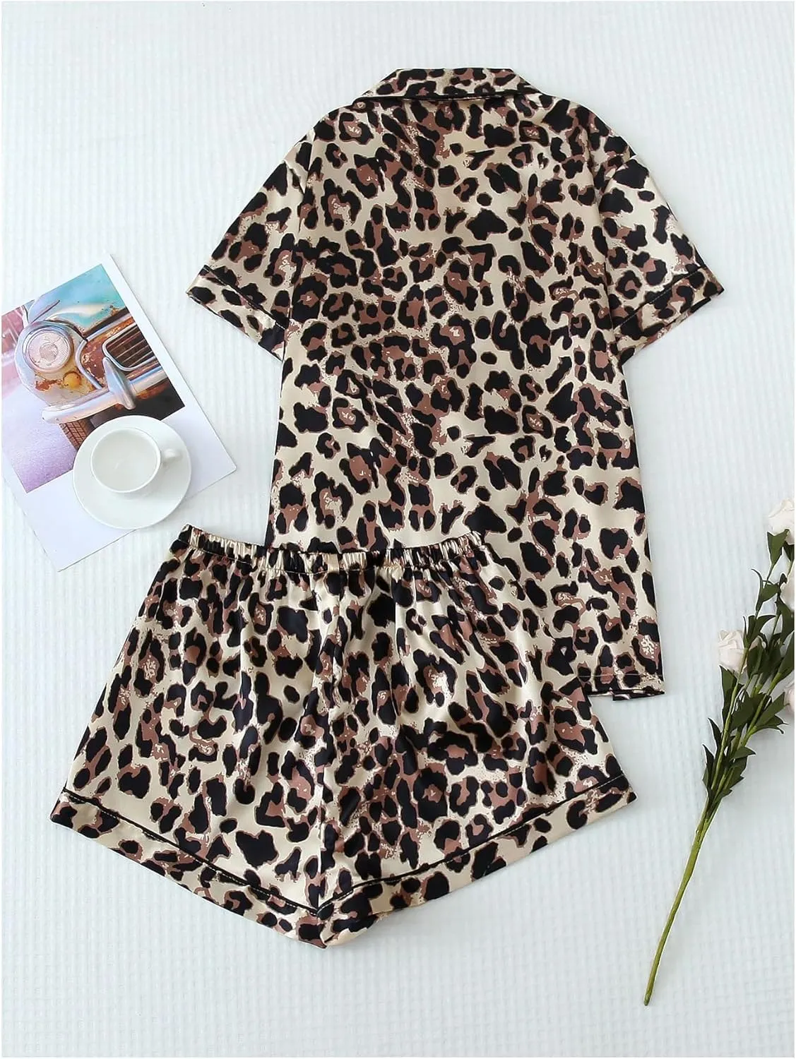 SHENHE Women's 2 Piece Satin Pajama Set Leopard Short Sleeve Button Down Pj Shorts Set