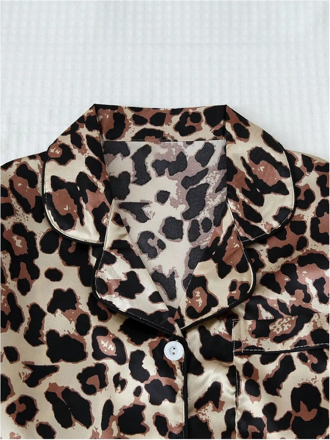 SHENHE Women's 2 Piece Satin Pajama Set Leopard Short Sleeve Button Down Pj Shorts Set