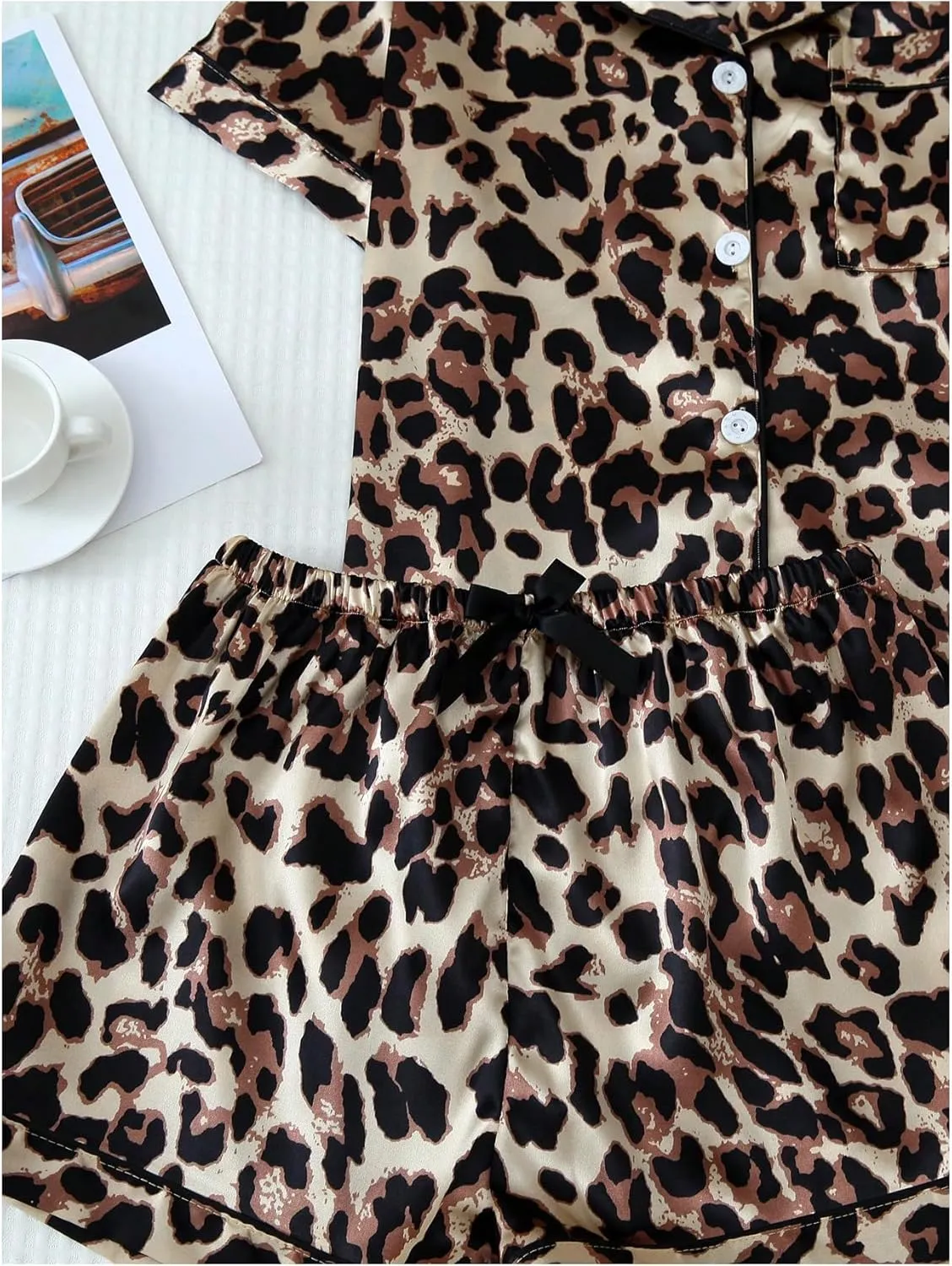 SHENHE Women's 2 Piece Satin Pajama Set Leopard Short Sleeve Button Down Pj Shorts Set