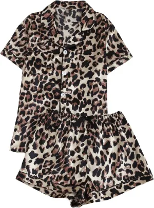 SHENHE Women's 2 Piece Satin Pajama Set Leopard Short Sleeve Button Down Pj Shorts Set