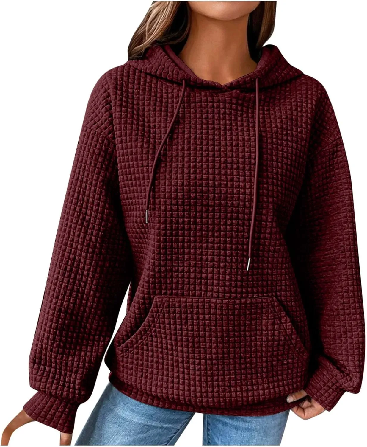 SHOPESSA Women Pullover Hoodie Sweatshirt Waffle-Knit Shacket Hooded Loose Fit Lightweight Jacket Long Sleeve Boyfriend Shirt