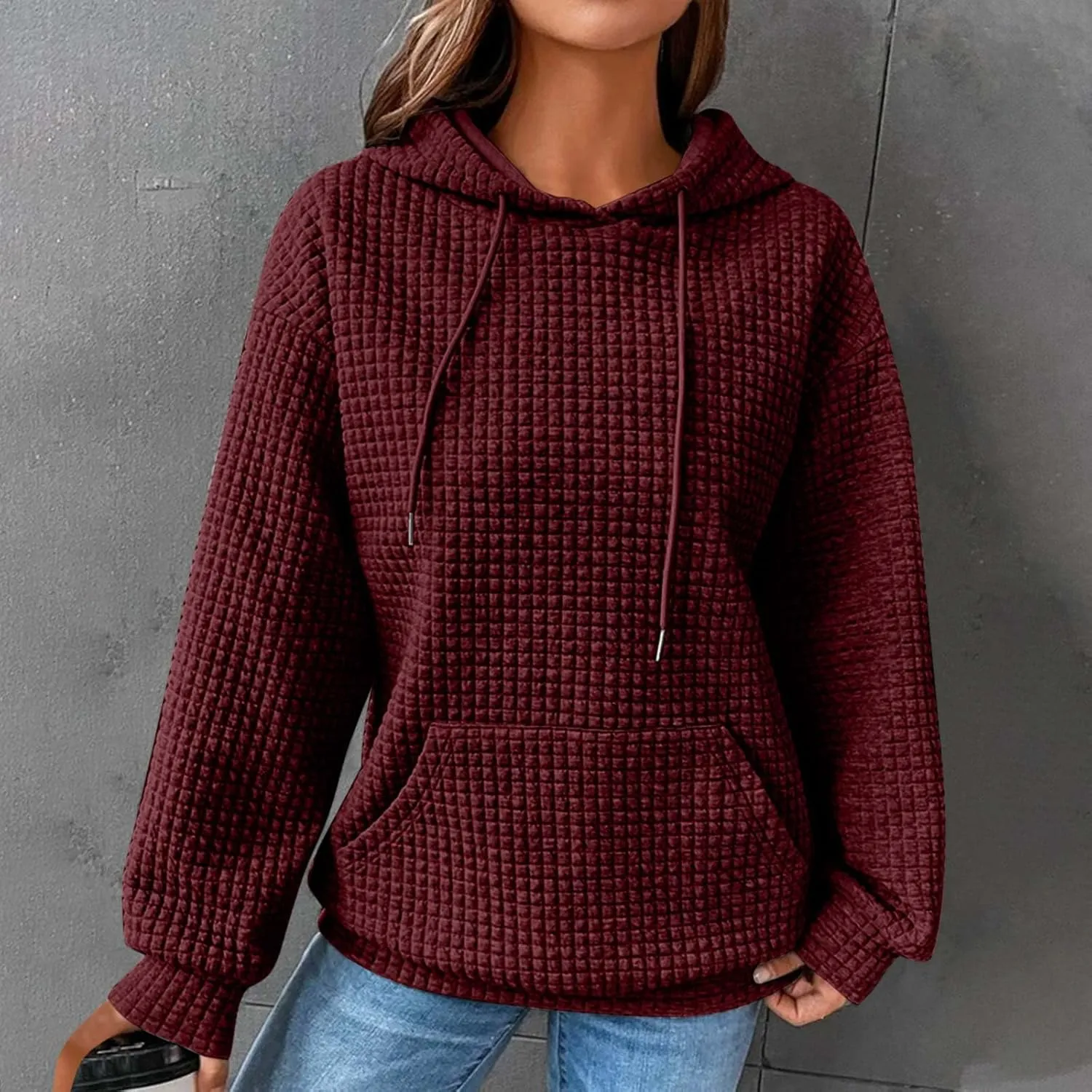 SHOPESSA Women Pullover Hoodie Sweatshirt Waffle-Knit Shacket Hooded Loose Fit Lightweight Jacket Long Sleeve Boyfriend Shirt