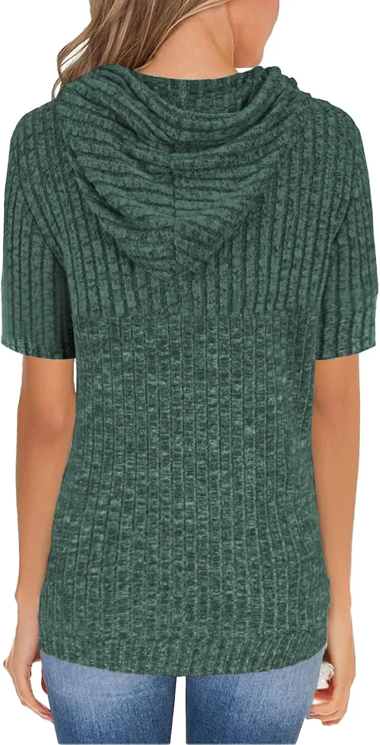 Short Sleeve Hoodies for Women Pullover Oversized Sweatshirts Trendy Casual Shirts Tunic Tops with Kangaroo Pocket