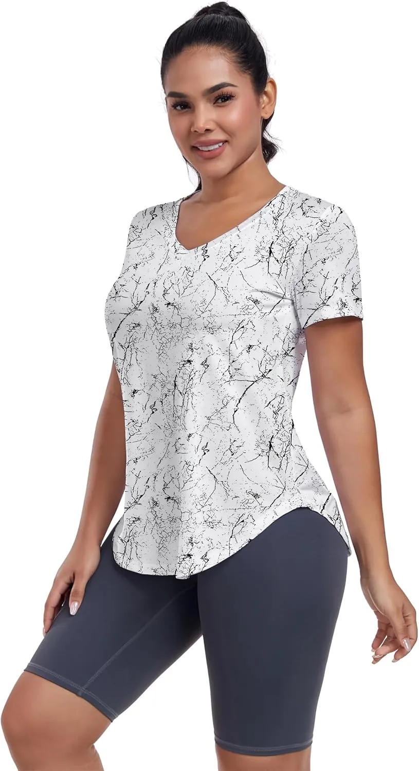 Short Sleeve Workout Shirts Women Loose Fit, V-Neck Women Exercise T-Shirt Workout Top, Dry Fit Yoga Gym Sport Tops