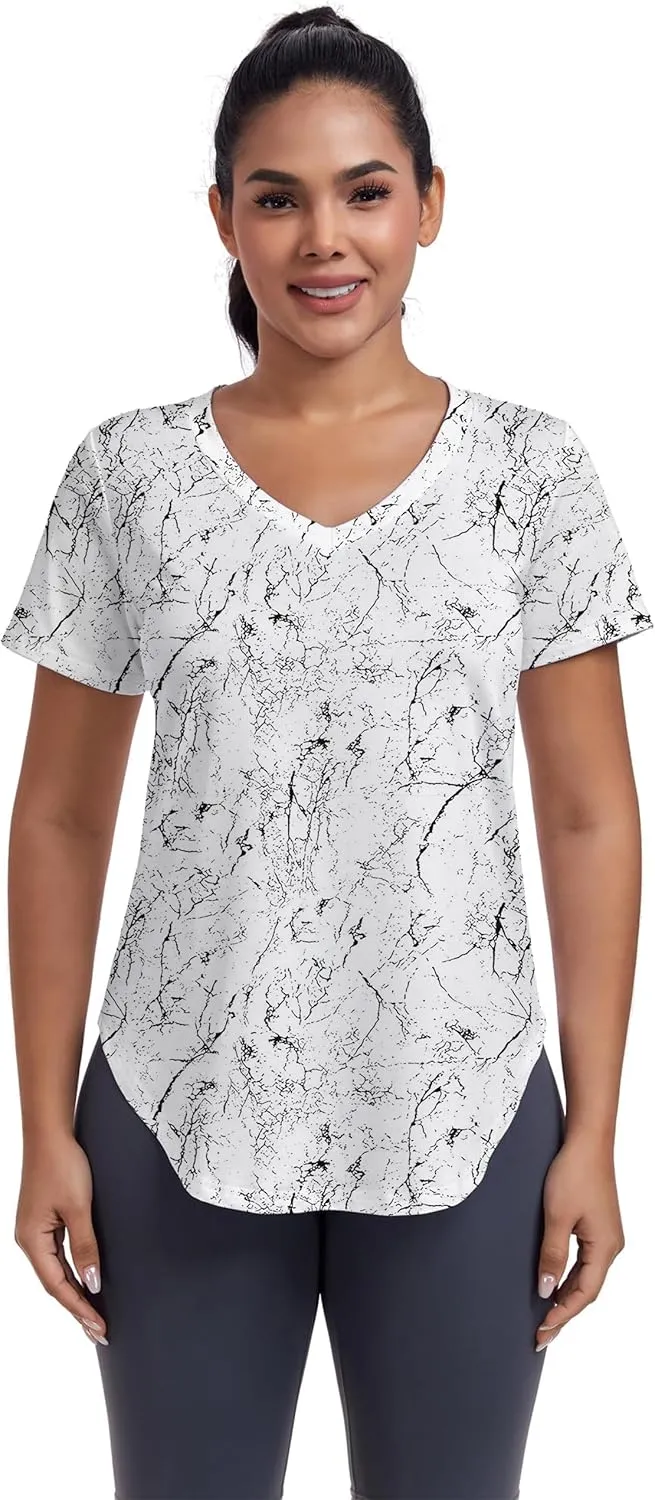 Short Sleeve Workout Shirts Women Loose Fit, V-Neck Women Exercise T-Shirt Workout Top, Dry Fit Yoga Gym Sport Tops