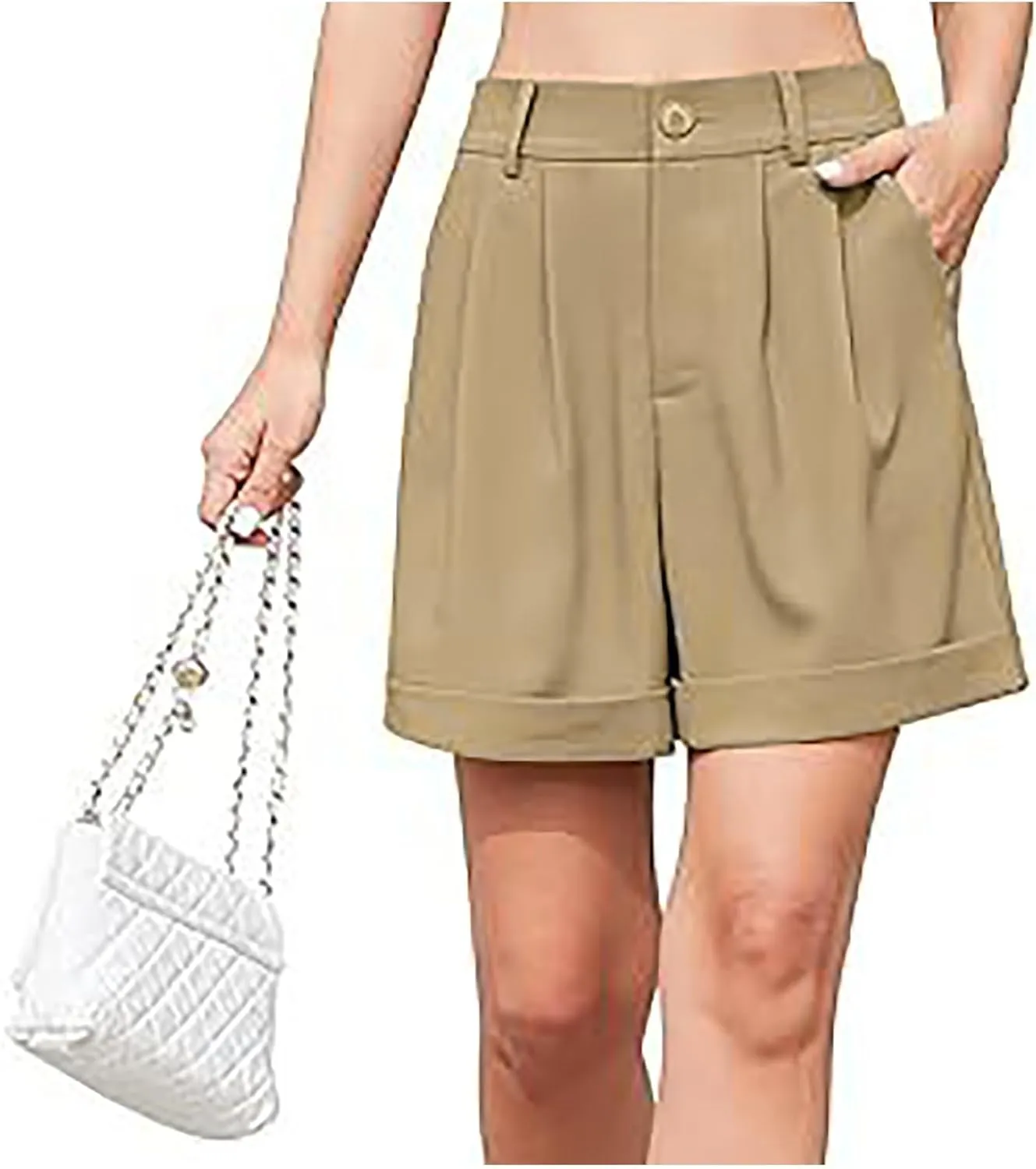 Shorts for Women Bermuda Short Casual Elastic High Waisted Wide Leg Shorts Knee Length Summer Short with Pockets