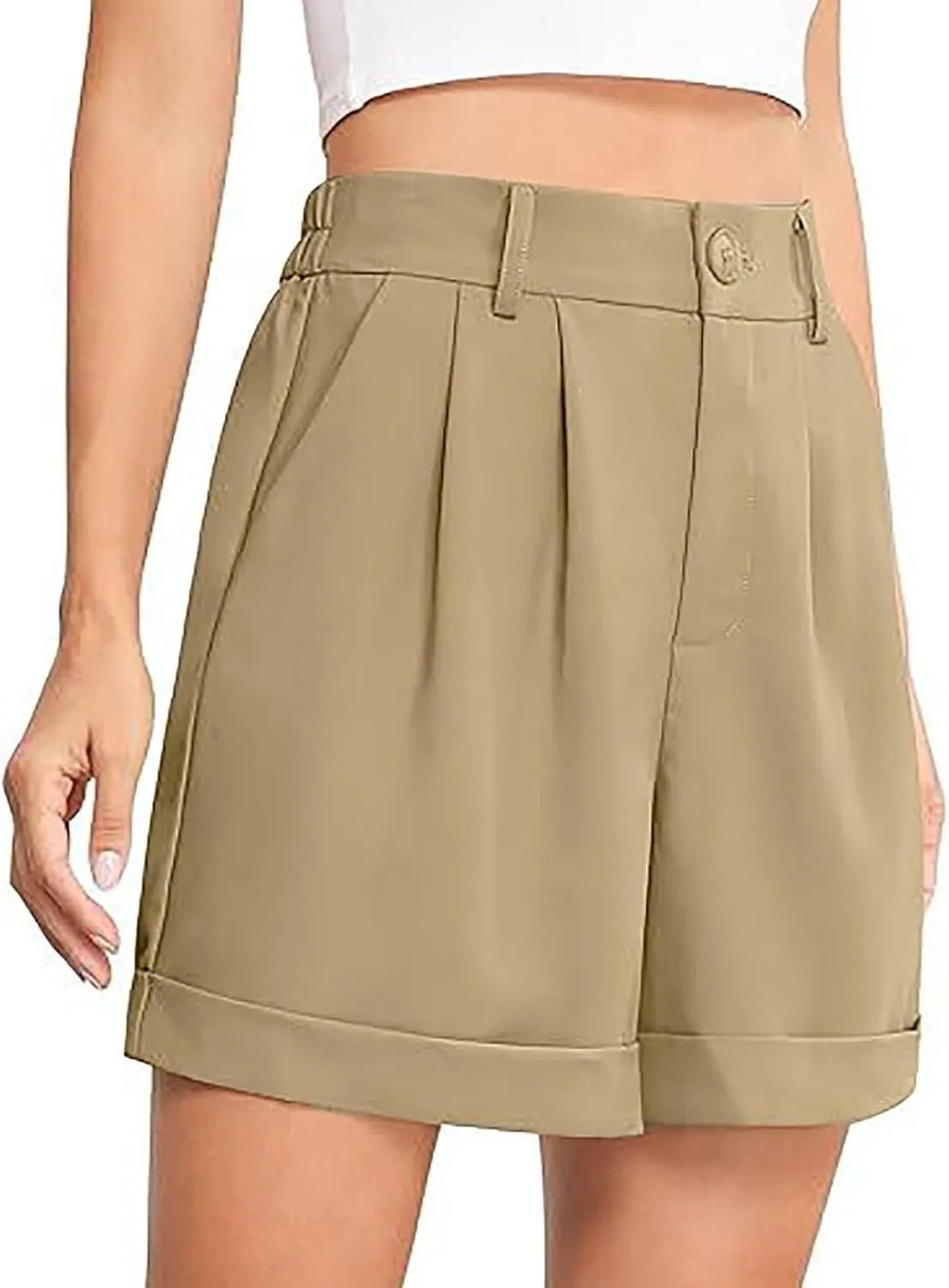 Shorts for Women Bermuda Short Casual Elastic High Waisted Wide Leg Shorts Knee Length Summer Short with Pockets