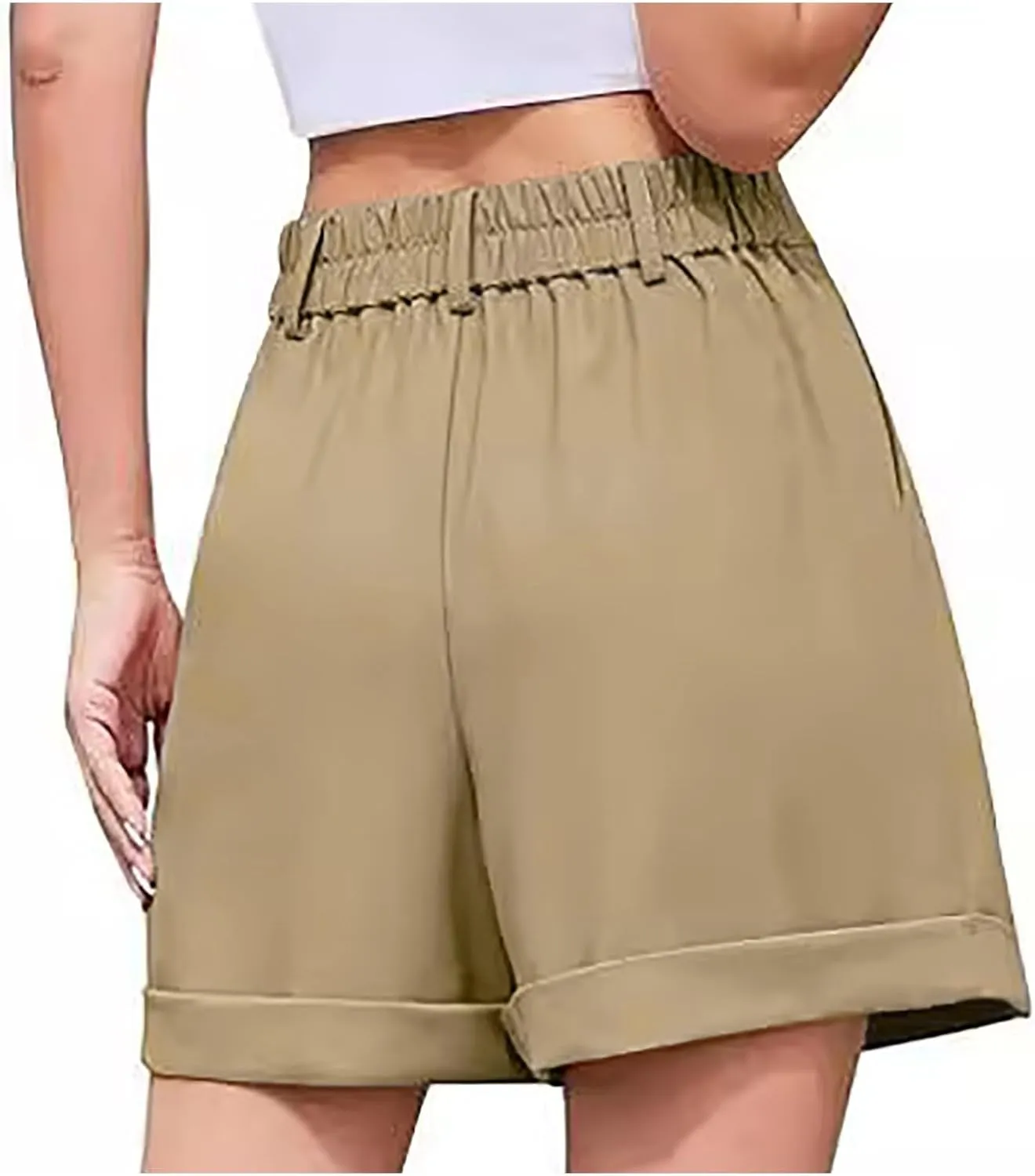 Shorts for Women Bermuda Short Casual Elastic High Waisted Wide Leg Shorts Knee Length Summer Short with Pockets