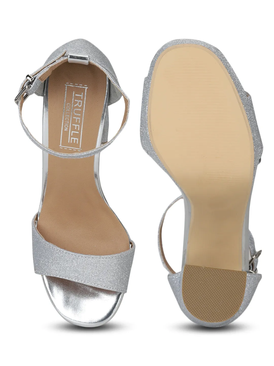 Silver Glitter Pumpped Ankle Strap Block Heels