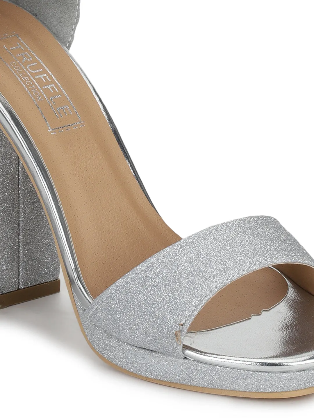 Silver Glitter Pumpped Ankle Strap Block Heels